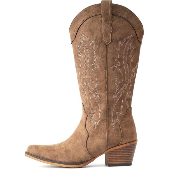 Women's Brown Western Cowgirl Chunky Heel Mid Calf Snip Toe Insteps Boots - Picture 4 of 5